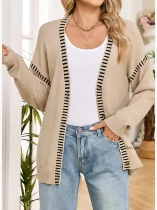Oversized Button Front Cardigan Sweater Long Sleeve Striped Trim Fall Winter - Picture 3 of 7
